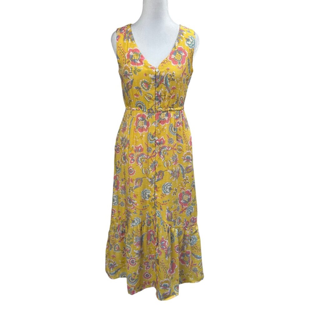 Nanette Lepore Yellow Floral Button Front Tiered Midi Dress Pockets Sz 2